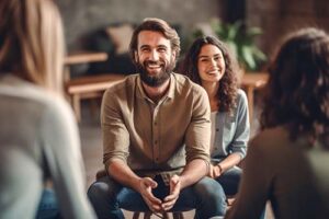 Man smiles while talking to peers in substance abuse treatment program